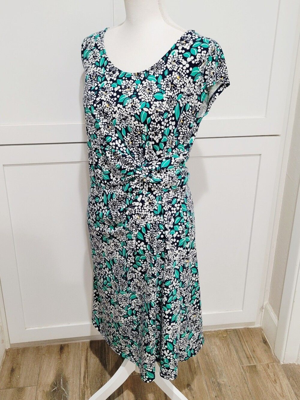 Lands' End Cotton Blend Teal, Navy & White Floral Print Midi Dress | Size Medium - Picture 2 of 7
